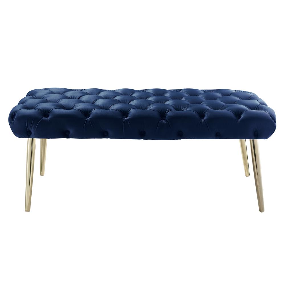 48" Navy Blue And Gold Upholstered Velvet Bench. Picture 3