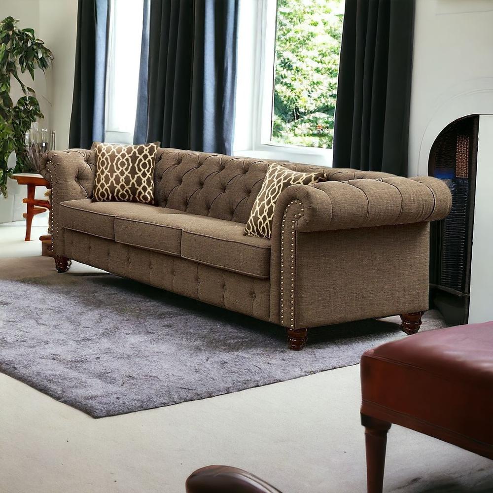 90" Brown Linen And Black Sofa With Two Toss Pillows. Picture 2