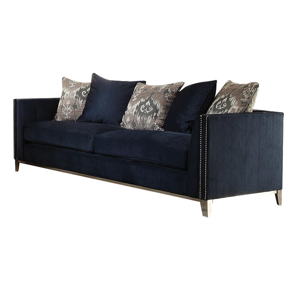 95" Blue Velvet And Black Sofa With Five Toss Pillows. Picture 3