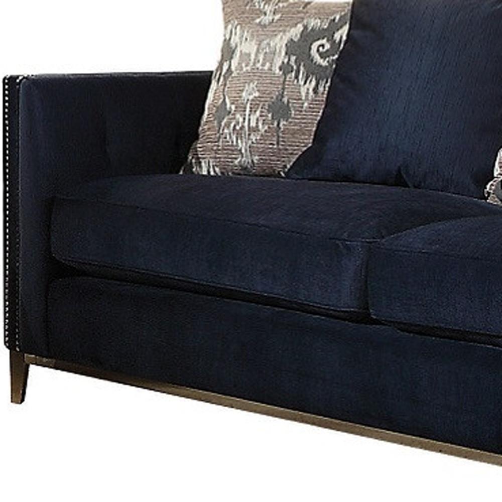 95" Blue Velvet And Black Sofa With Five Toss Pillows. Picture 4