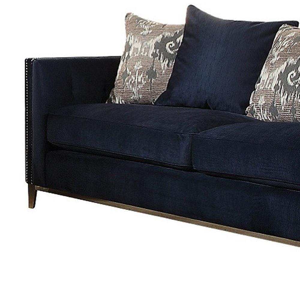 95" Blue Velvet And Black Sofa With Five Toss Pillows. Picture 5