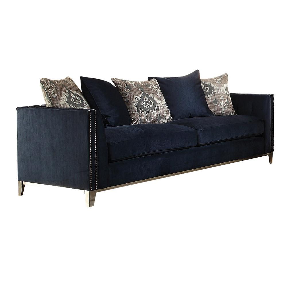 95" Blue Velvet And Black Sofa With Five Toss Pillows. Picture 1