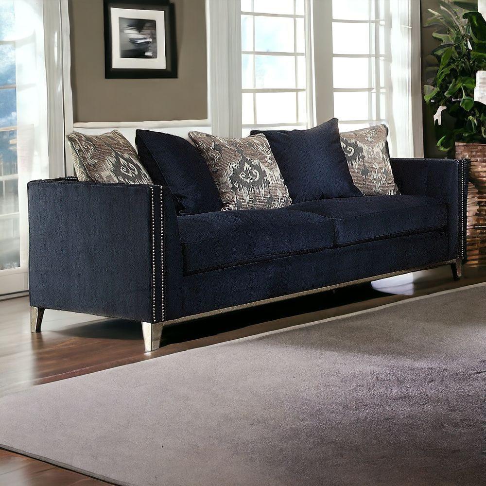 95" Blue Velvet And Black Sofa With Five Toss Pillows. Picture 2