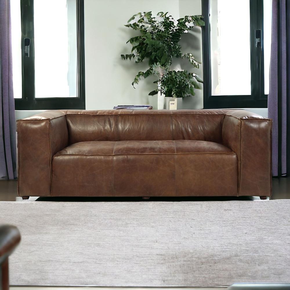 98" Brown Top Grain Leather And Black Sofa. Picture 2