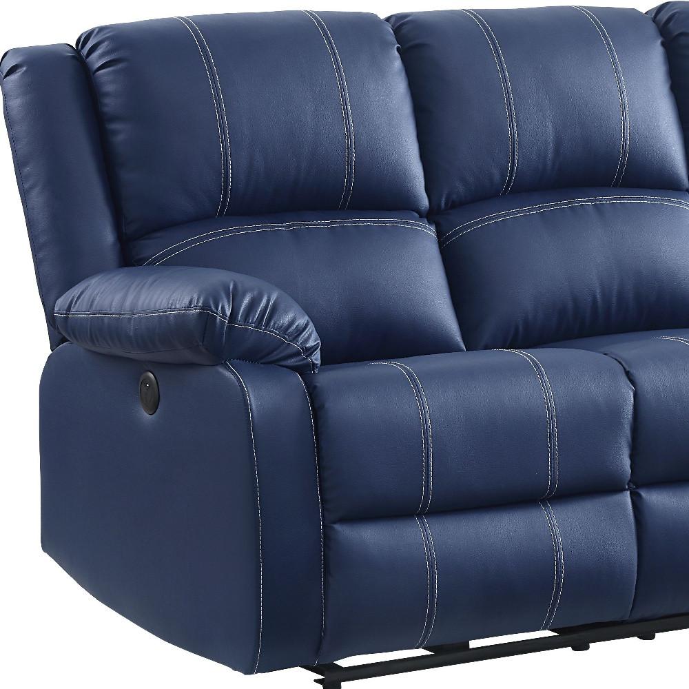81" Blue And Black Faux Leather Reclining USB Sofa. Picture 4