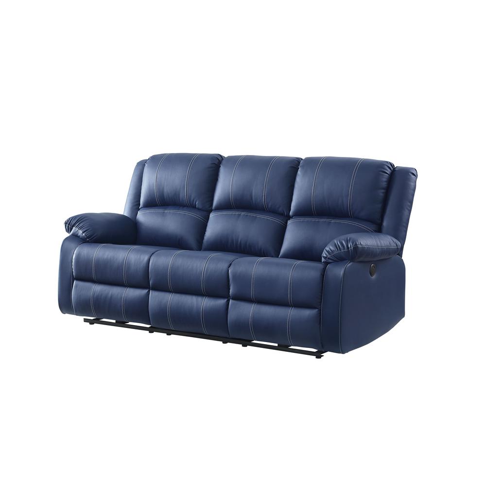 81" Blue And Black Faux Leather Reclining USB Sofa. Picture 3