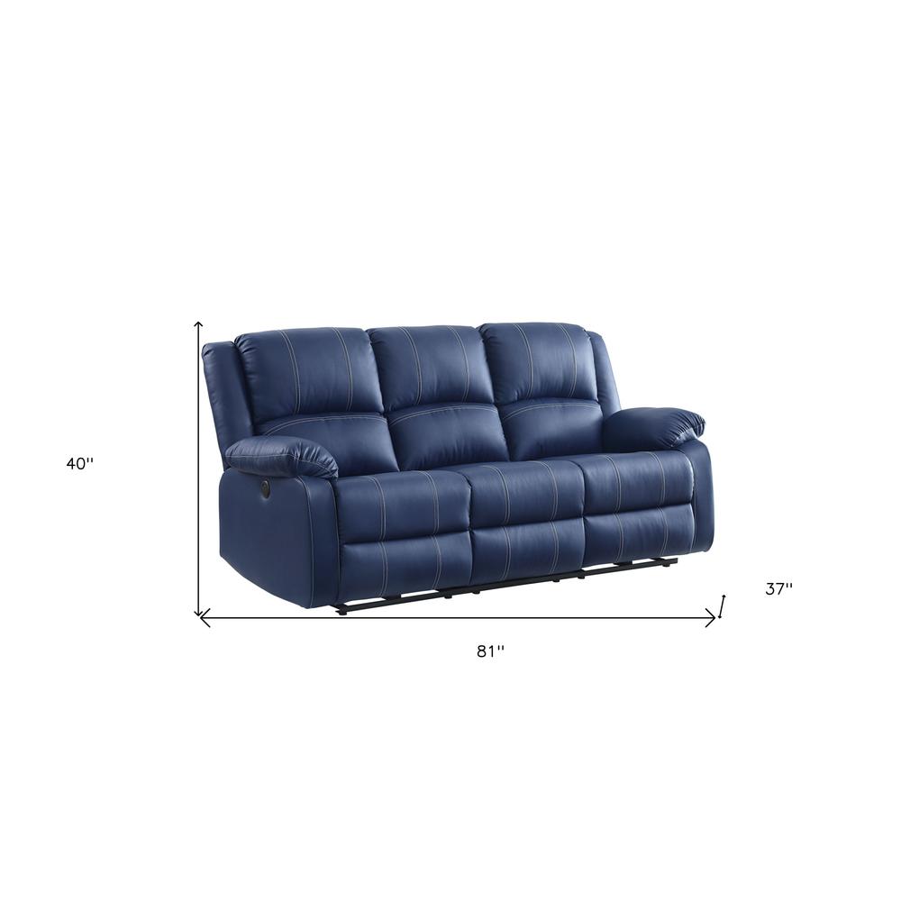 81" Blue And Black Faux Leather Reclining USB Sofa. Picture 5