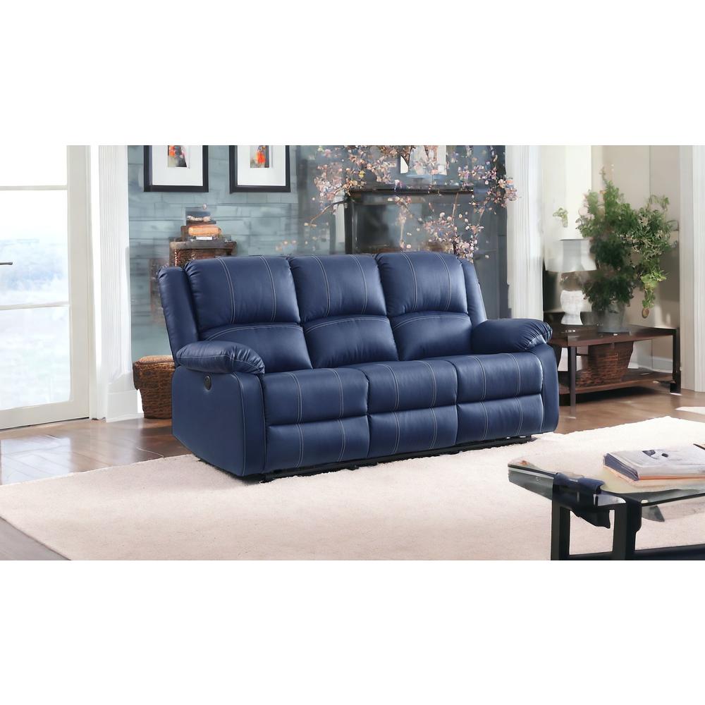 81" Blue And Black Faux Leather Reclining USB Sofa. Picture 2