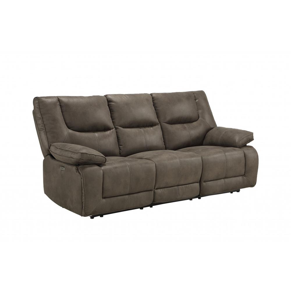 87" Gray And Black Faux Leather Reclining USB Sofa. Picture 1