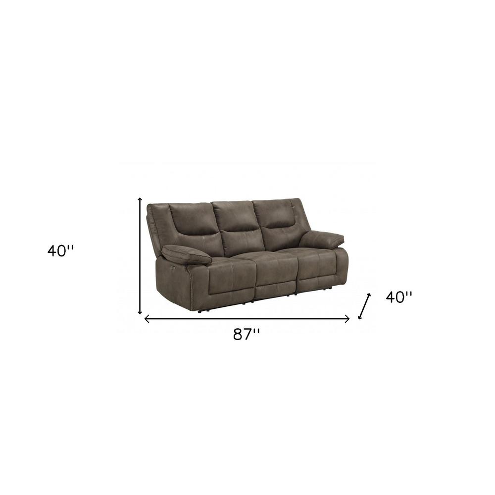 87" Gray And Black Faux Leather Reclining USB Sofa. Picture 4
