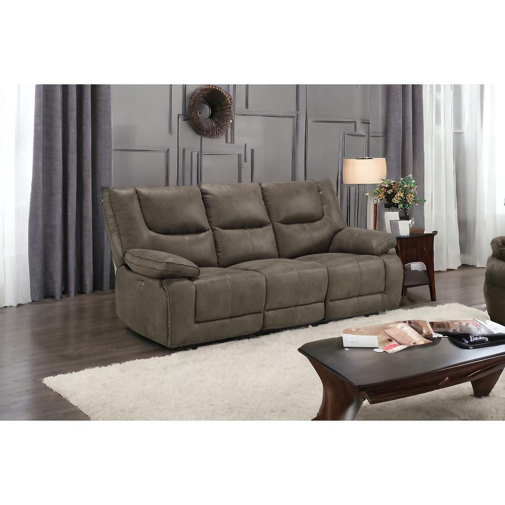 87" Gray And Black Faux Leather Reclining USB Sofa. Picture 2