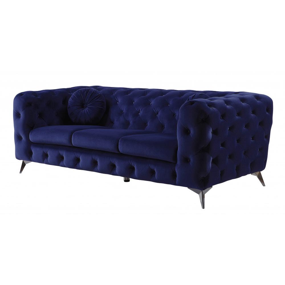 90" Blue Velvet And Black Sofa. Picture 1