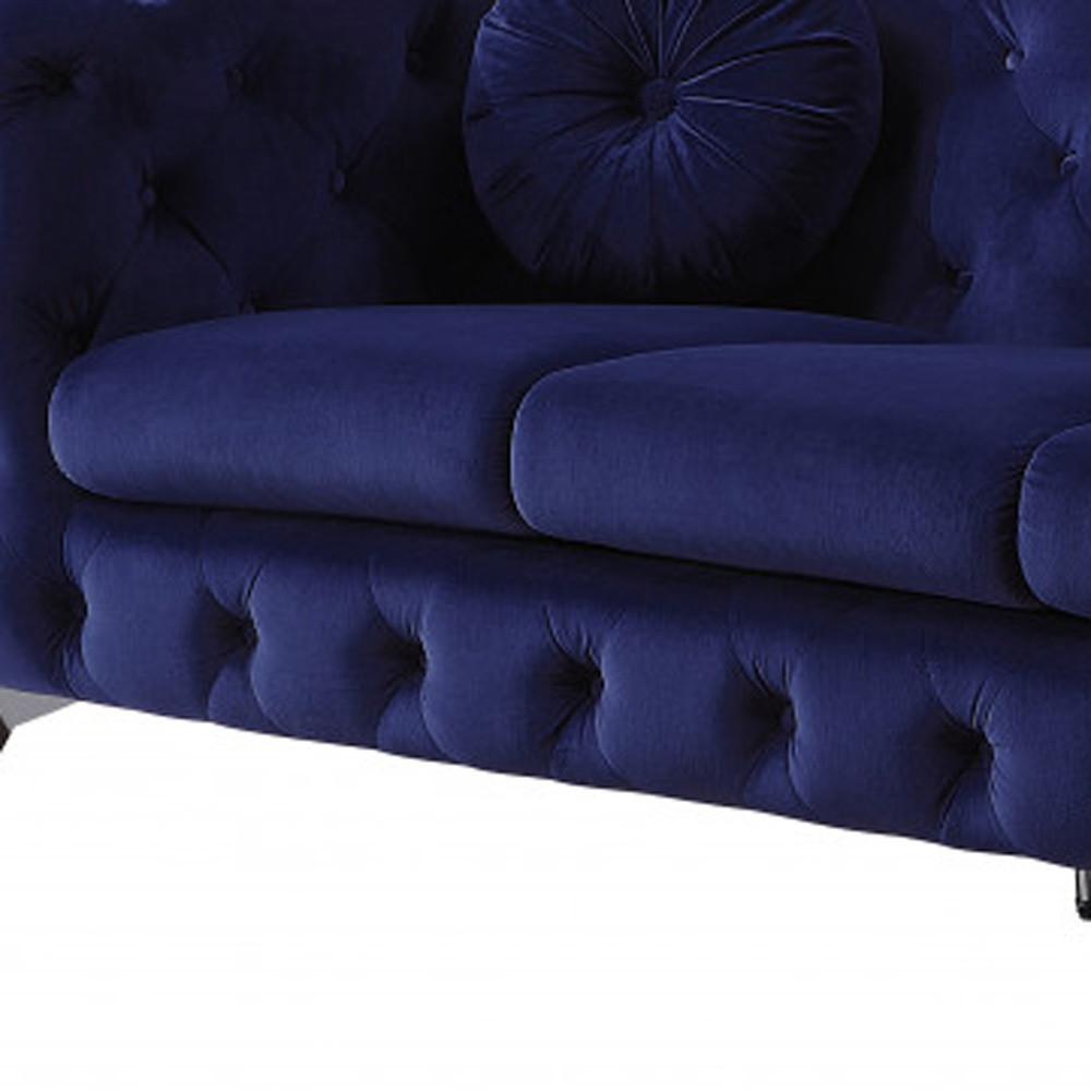 90" Blue Velvet And Black Sofa. Picture 3