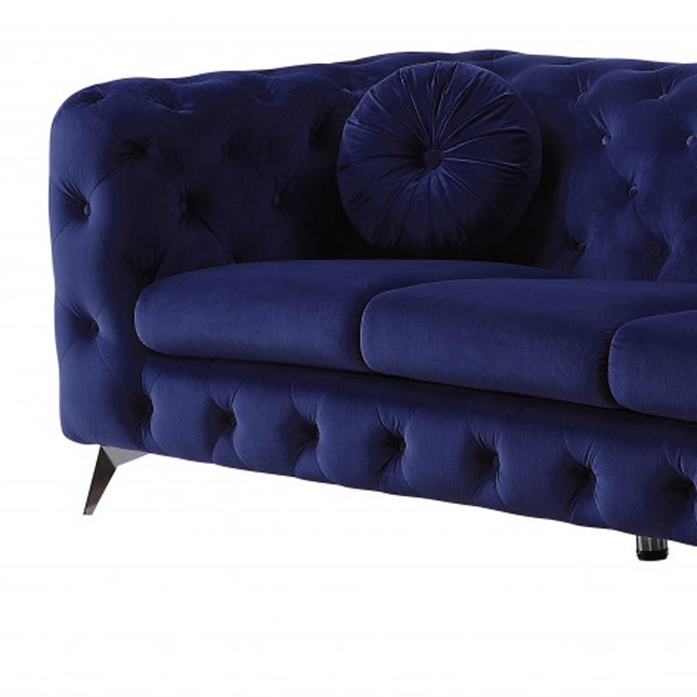 90" Blue Velvet And Black Sofa. Picture 4