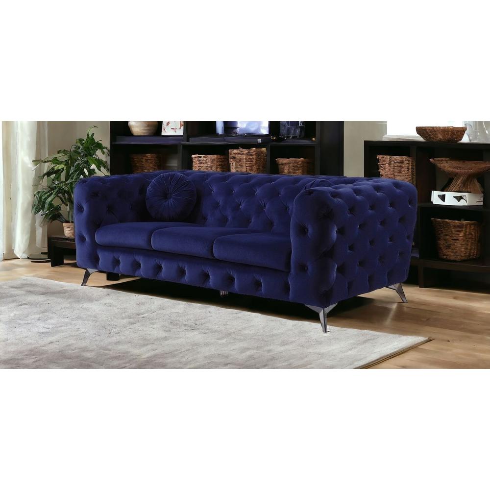 90" Blue Velvet And Black Sofa. Picture 2