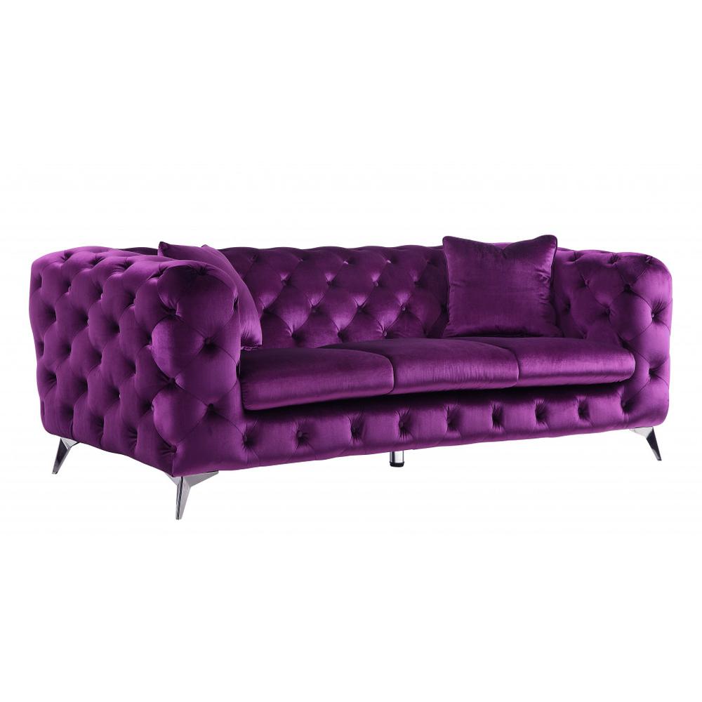 90" Purple Velvet And Black Sofa. Picture 1