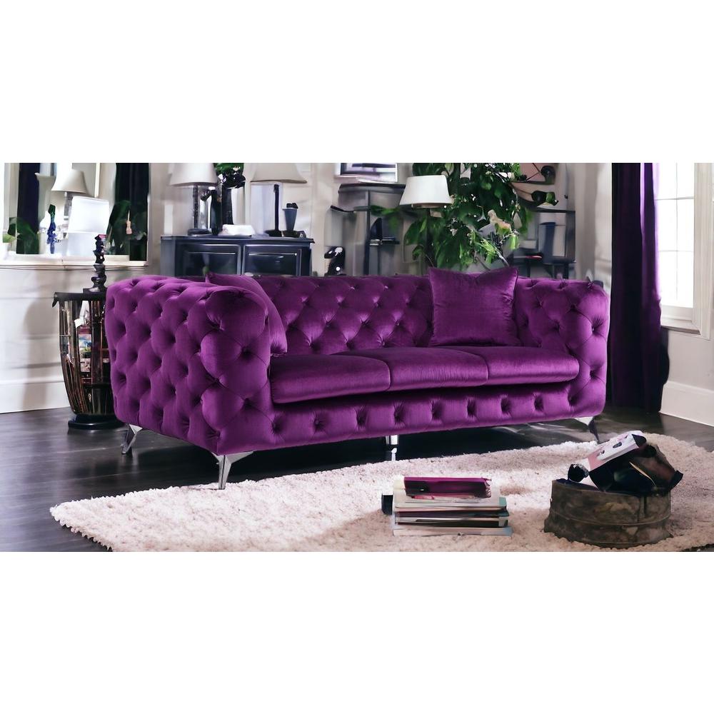90" Purple Velvet And Black Sofa. Picture 2