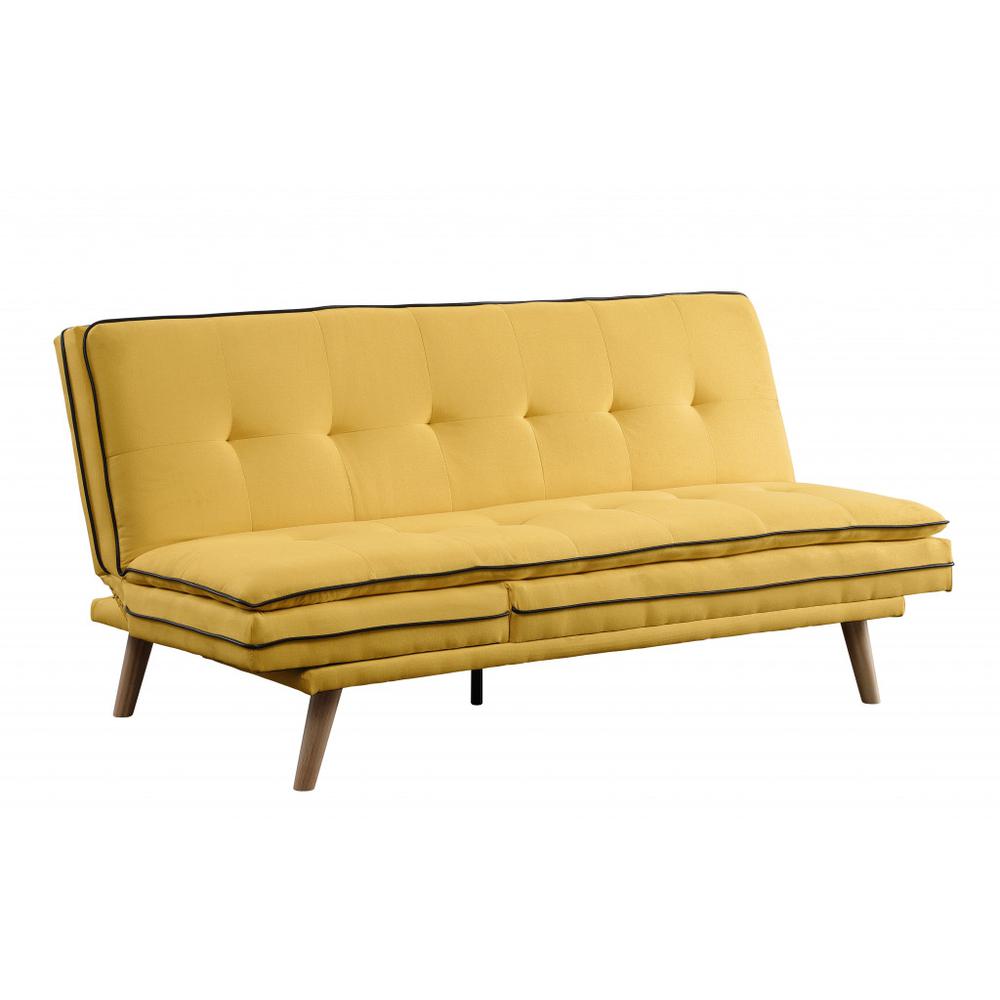 72" Yellow Linen And Brown Sofa. Picture 1