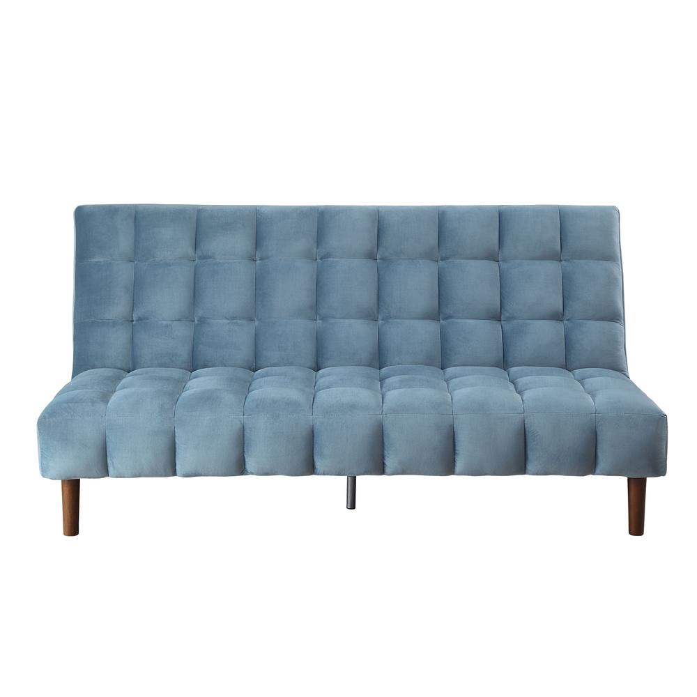 76" Teal Velvet And Wood Brown Sleeper Sofa. Picture 1