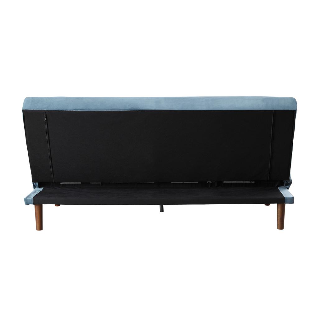 76" Teal Velvet And Wood Brown Sleeper Sofa. Picture 5