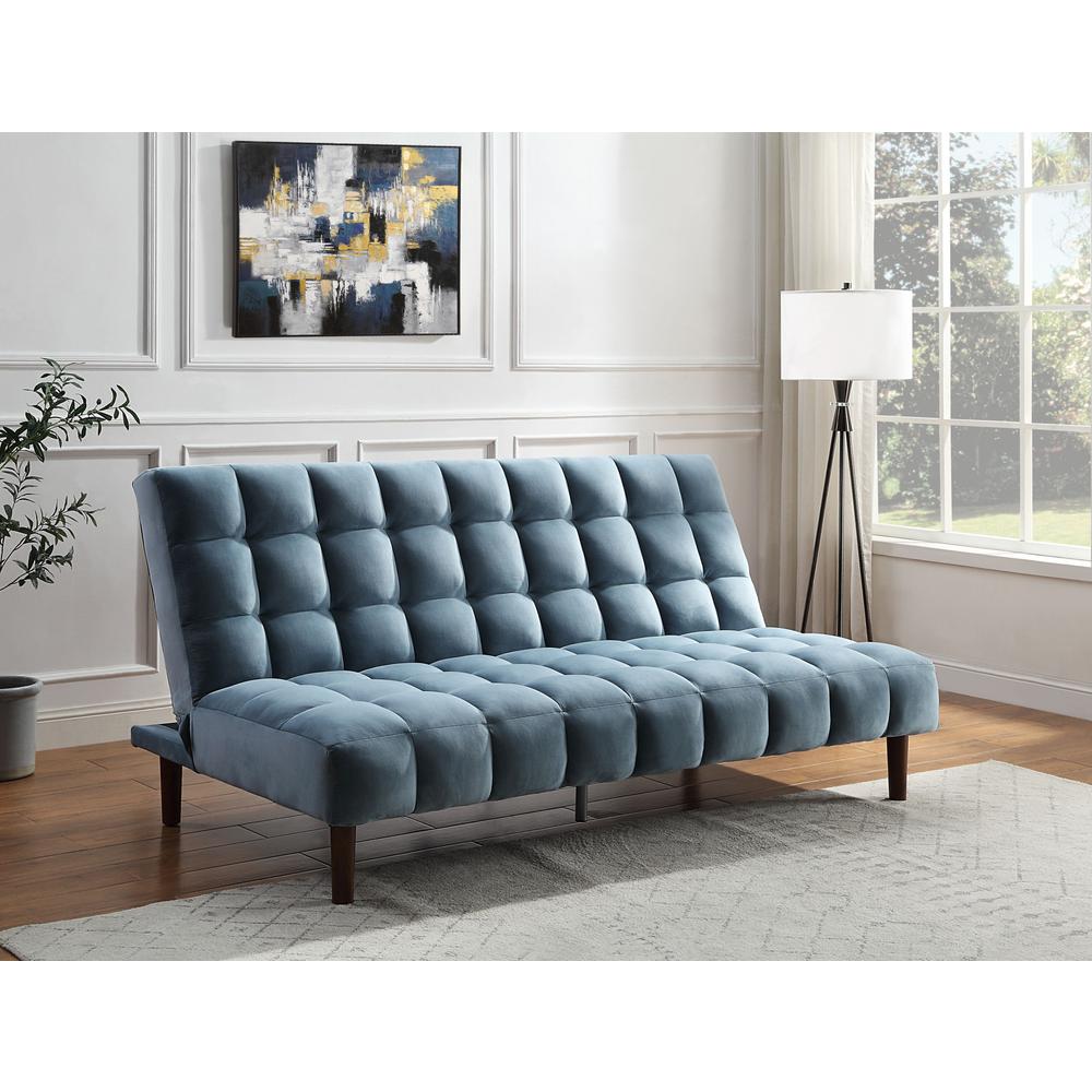 76" Teal Velvet And Wood Brown Sleeper Sofa. Picture 7