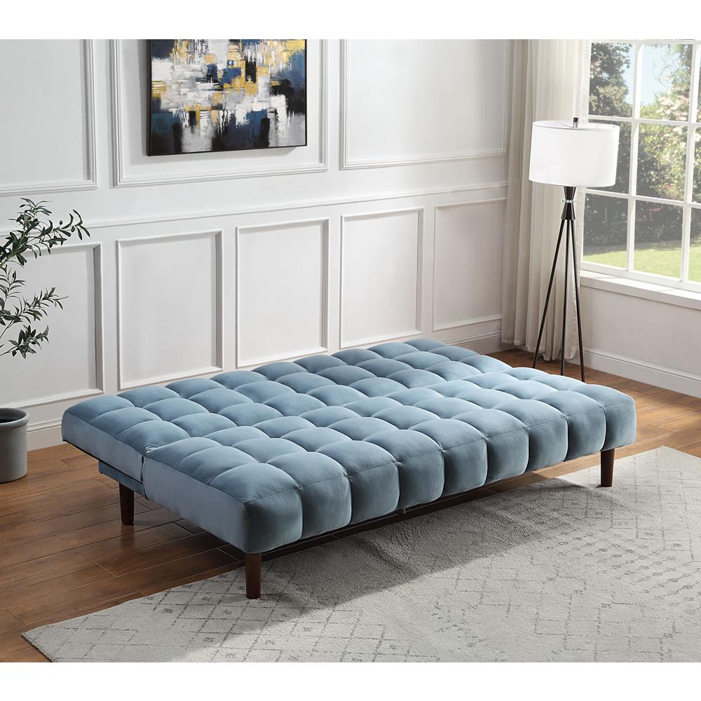 76" Teal Velvet And Wood Brown Sleeper Sofa. Picture 8