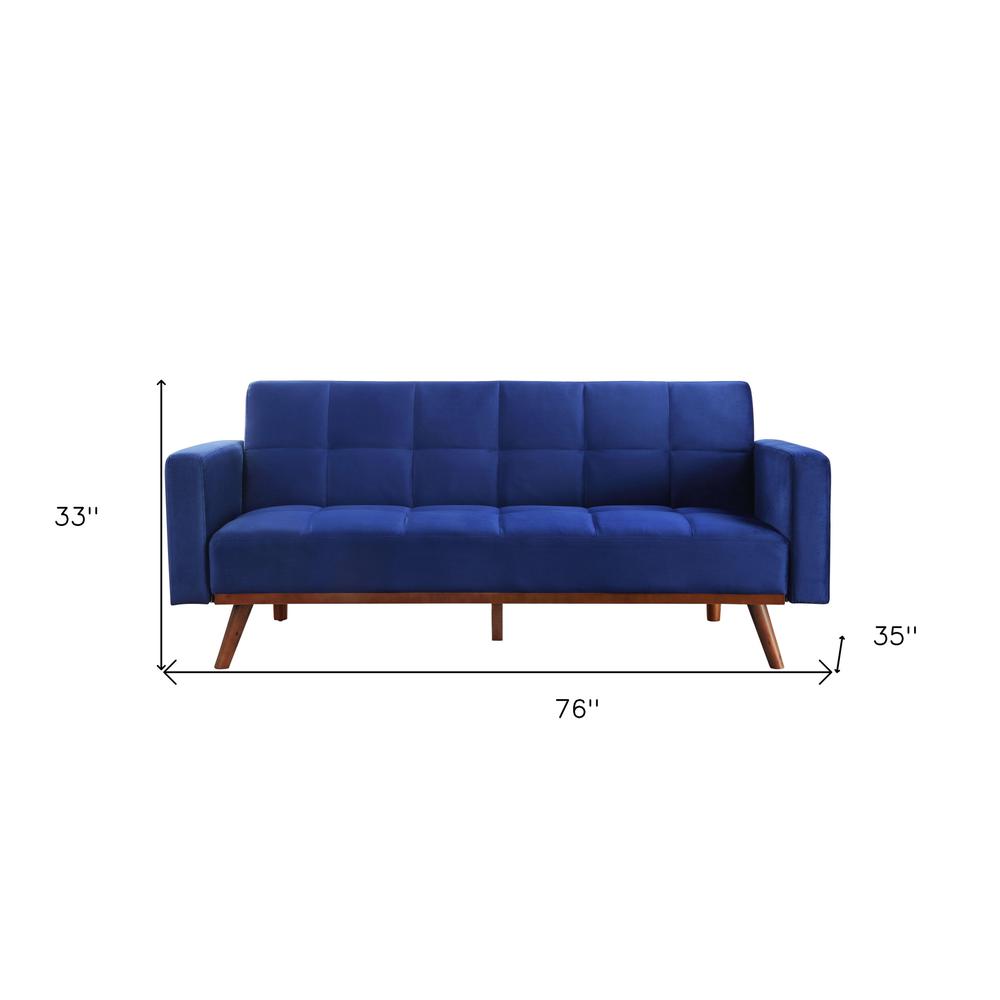 76" Blue Velvet And NAtural Sleeper Sofa. Picture 5