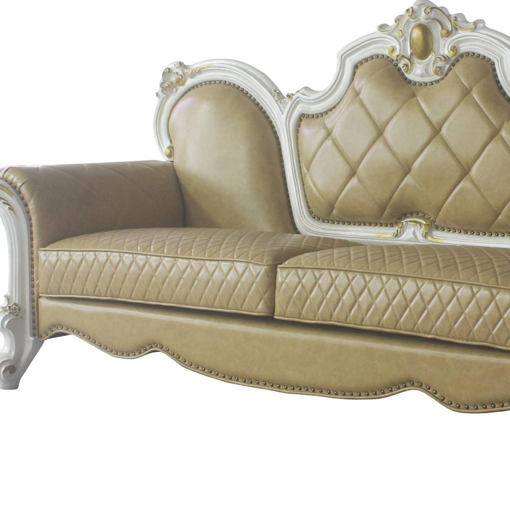 93" Butterscotch Faux Leather And Pearl Sofa With Five Toss Pillows. Picture 4