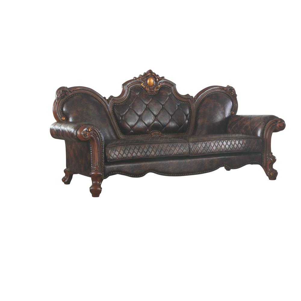 93" Dark Brown Faux Leather Sofa With Three Toss Pillows. Picture 1