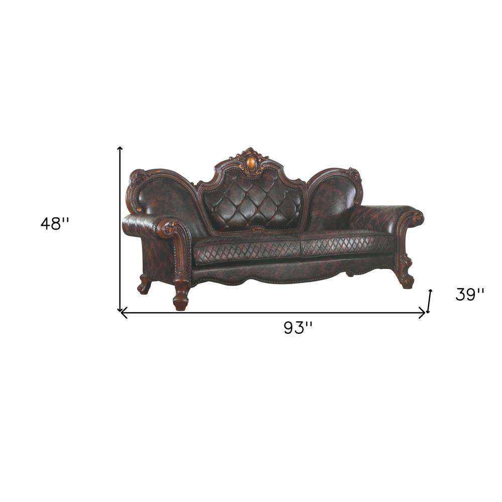 93" Dark Brown Faux Leather Sofa With Three Toss Pillows. Picture 5