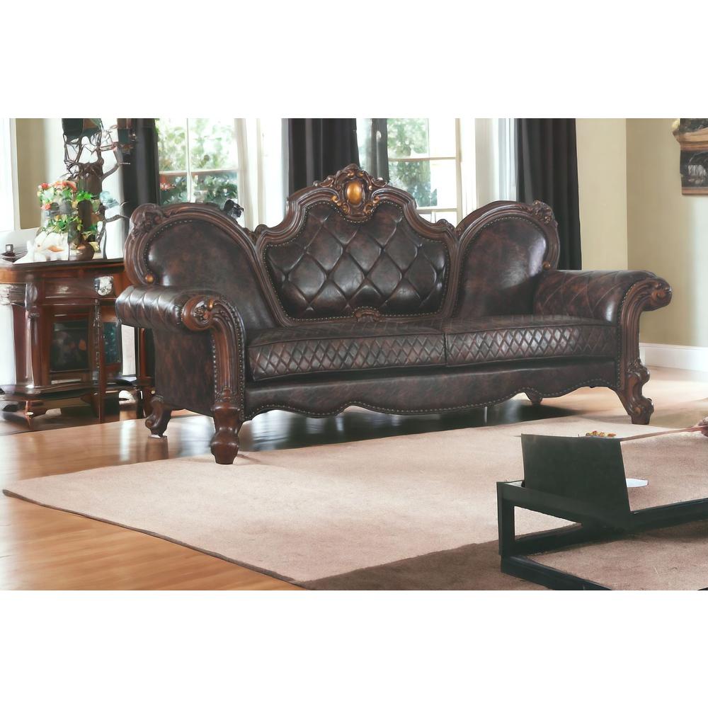 93" Dark Brown Faux Leather Sofa With Three Toss Pillows. Picture 2