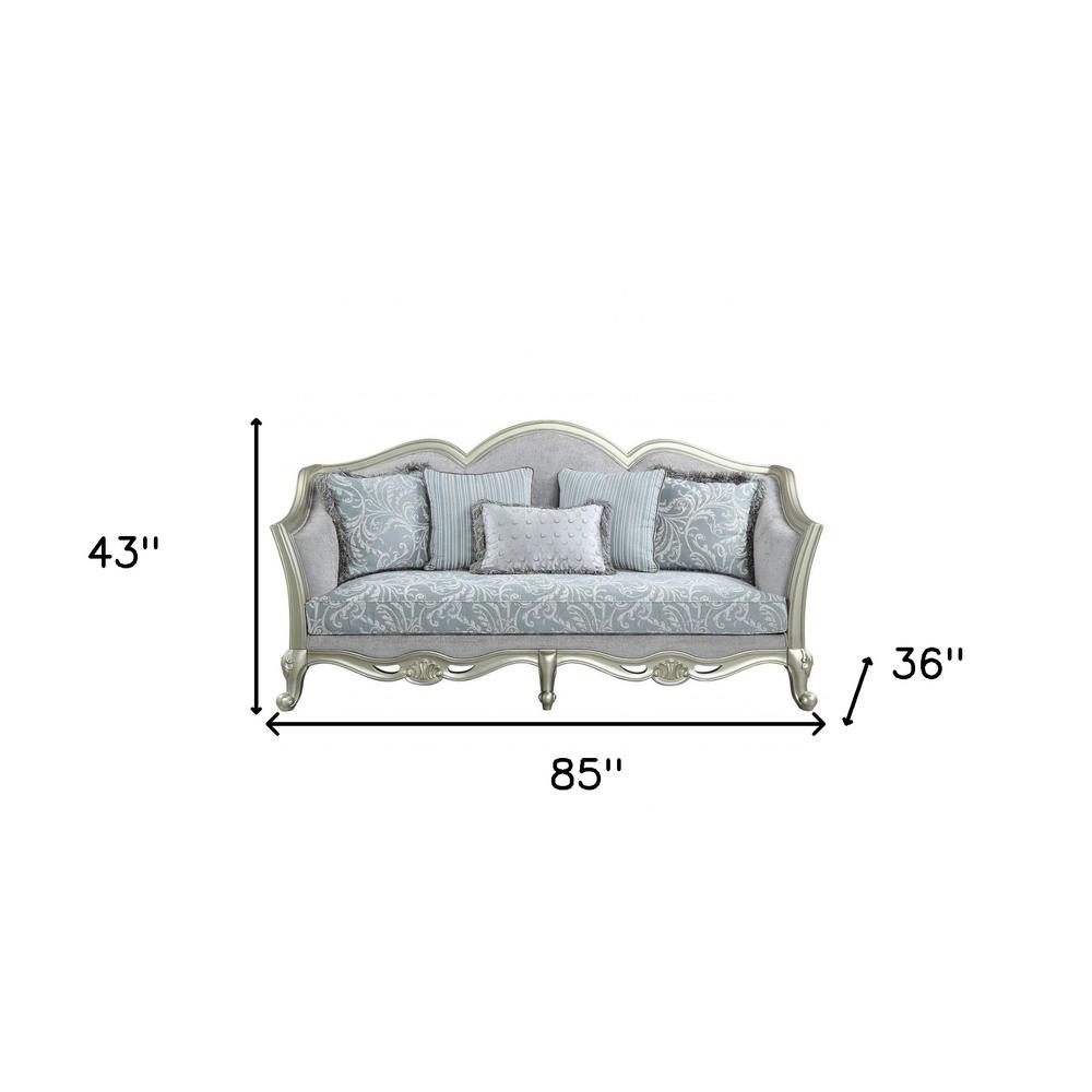 85" Light Gray Linen And Champagne Sofa With Five Toss Pillows. Picture 5