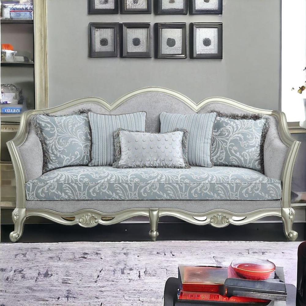 85" Light Gray Linen And Champagne Sofa With Five Toss Pillows. Picture 2