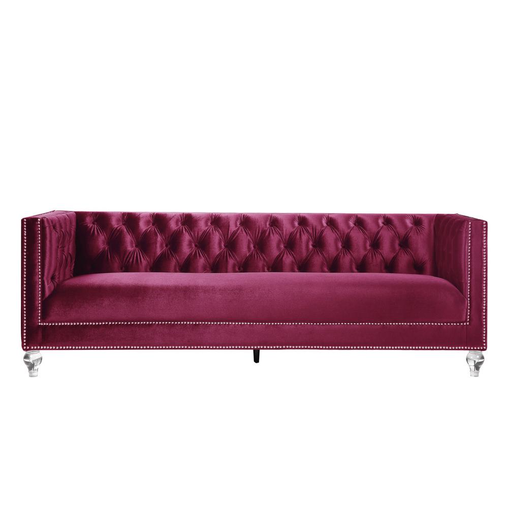89" Burgundy Velvet And Black Sofa With Two Toss Pillows. Picture 1