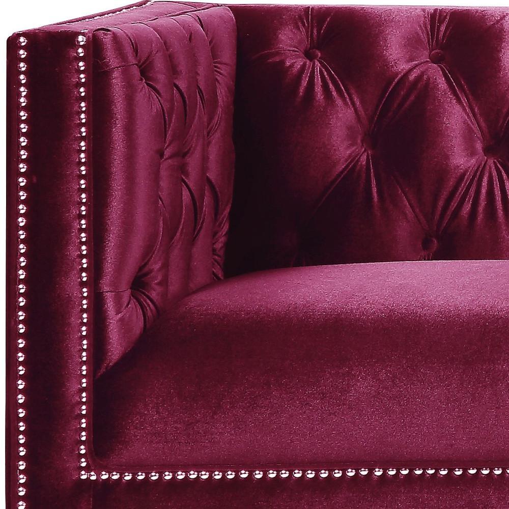 89" Burgundy Velvet And Black Sofa With Two Toss Pillows. Picture 5