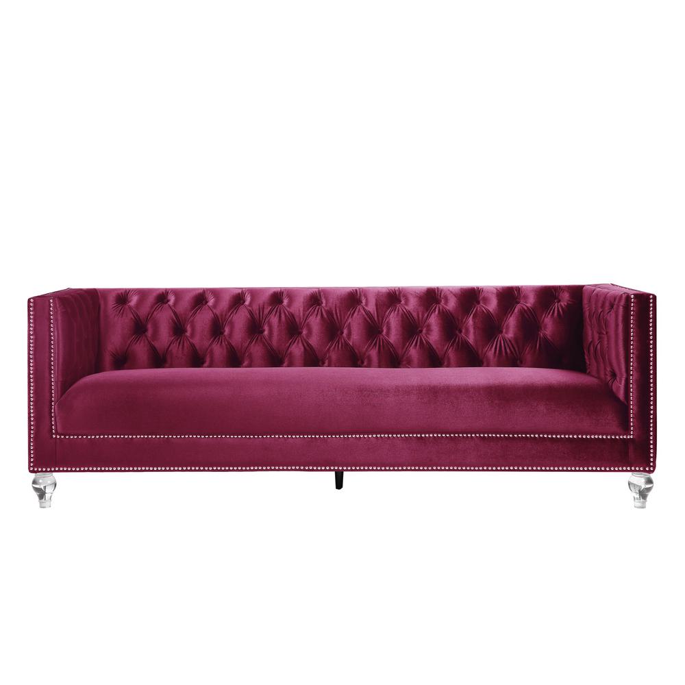 89" Burgundy Velvet And Black Sofa With Two Toss Pillows. Picture 4