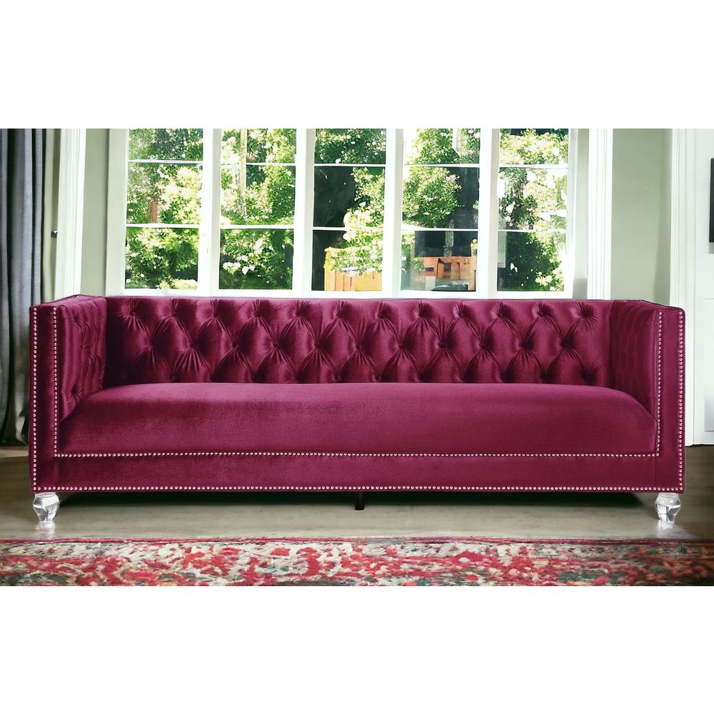 89" Burgundy Velvet And Black Sofa With Two Toss Pillows. Picture 2