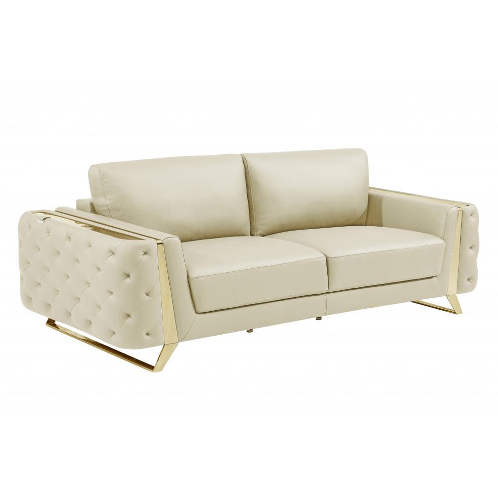 90" Beige And Gold Italian Leather Sofa. Picture 2