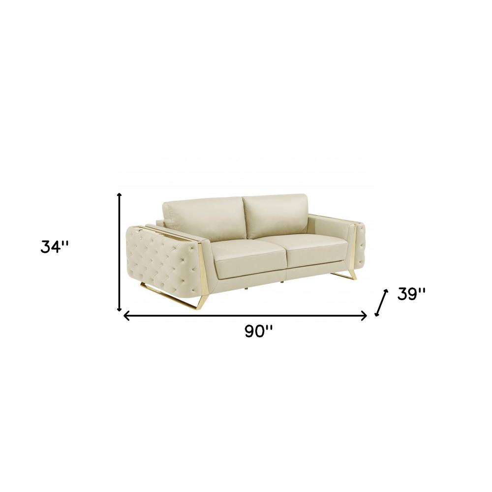 90" Beige And Gold Italian Leather Sofa. Picture 8