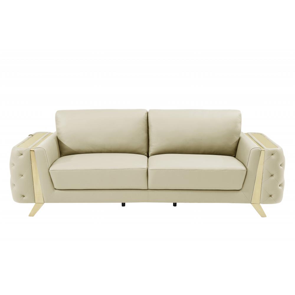 90" Beige And Gold Italian Leather Sofa. Picture 1