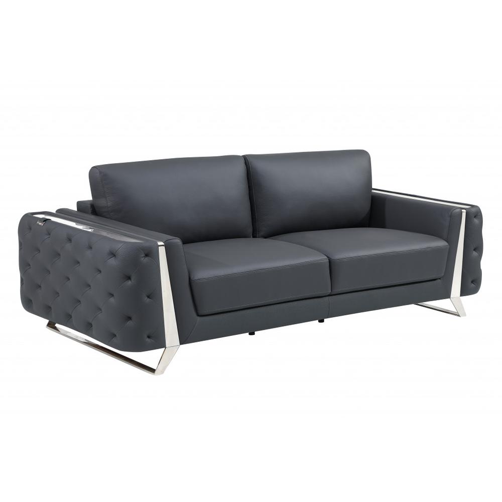90" Dark Gray And Silver Italian Leather Sofa. Picture 1