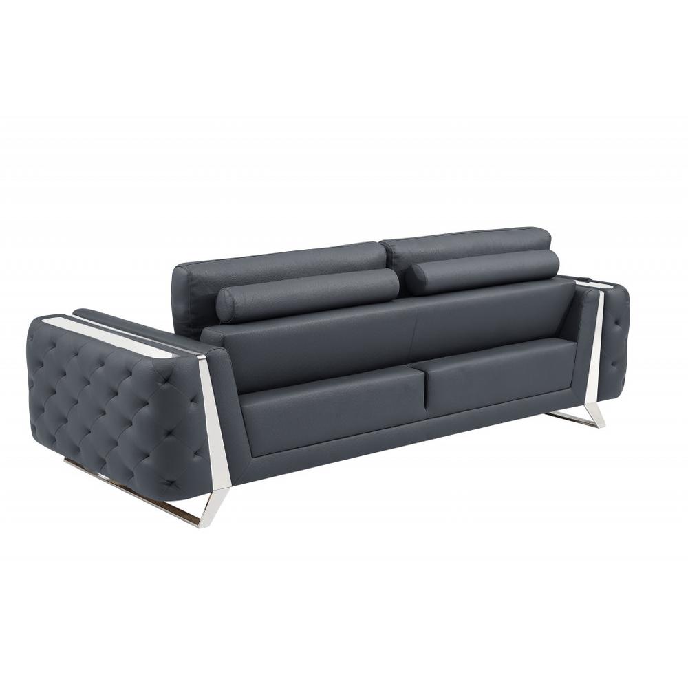 90" Dark Gray And Silver Italian Leather Sofa. Picture 4