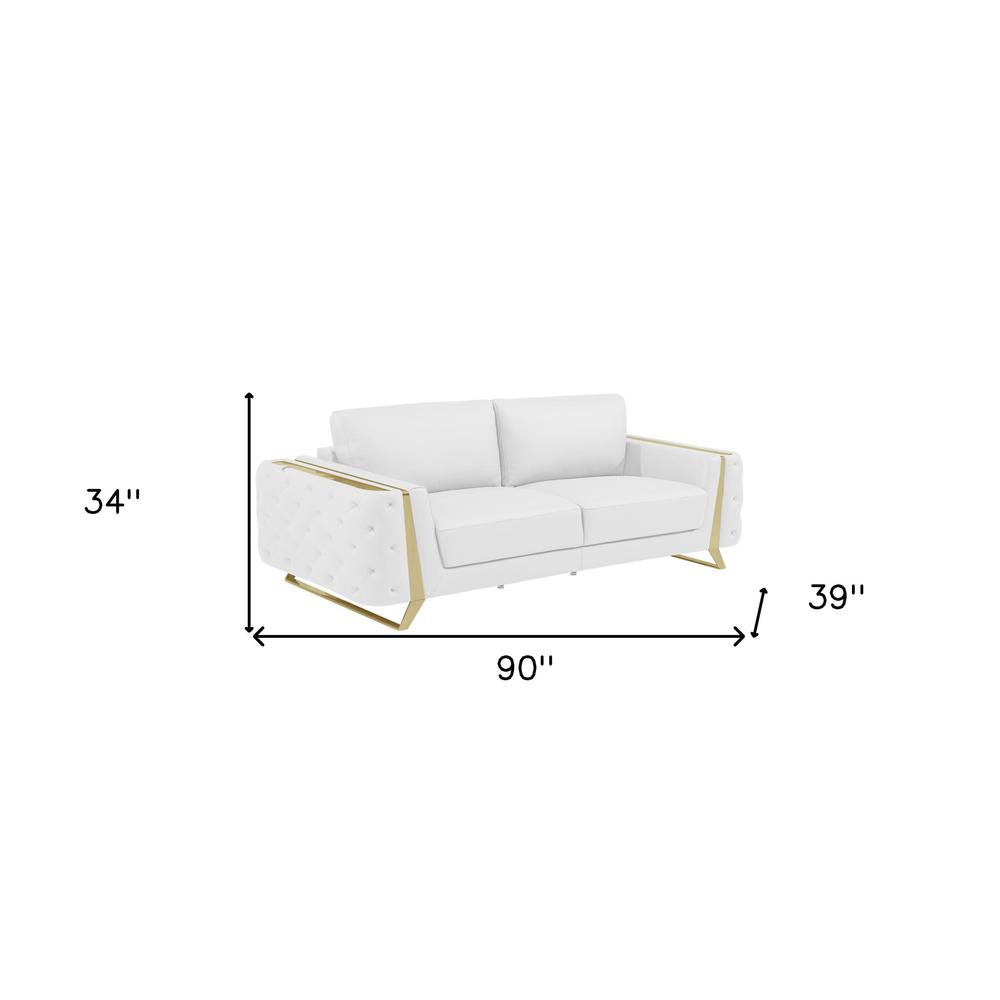 90" White And Gold Italian Leather Sofa. Picture 9