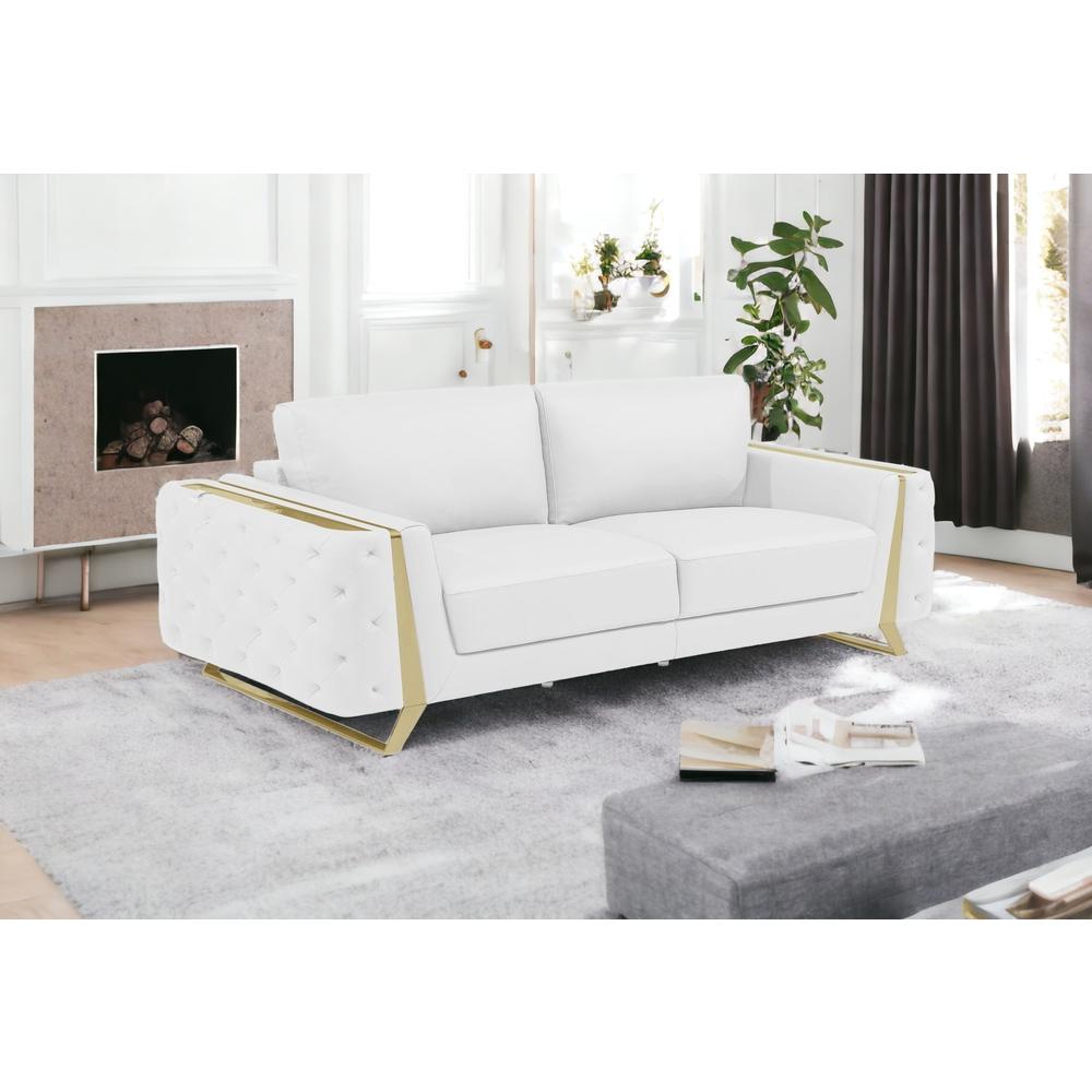 90" White And Gold Italian Leather Sofa. Picture 2