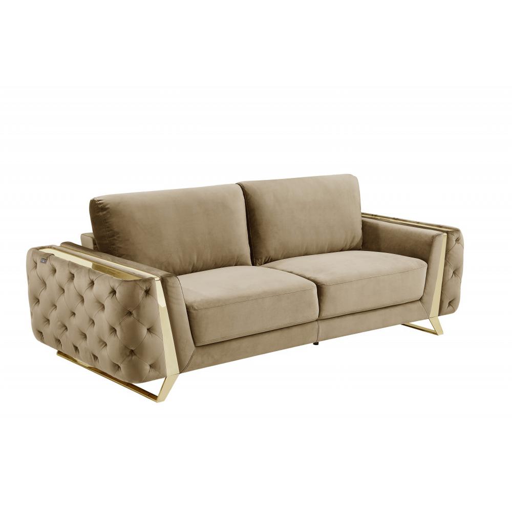 90" Beige And Gold Velvet Sofa. Picture 1