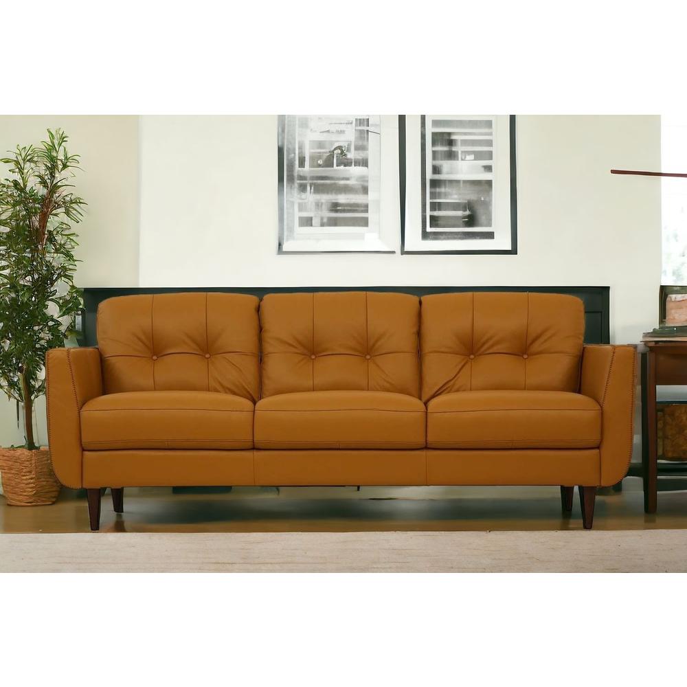 83" Camel Leather And Black Sofa. Picture 2