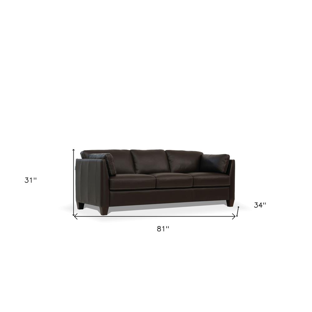 81" Chocolate Leather And Black Sofa. Picture 5