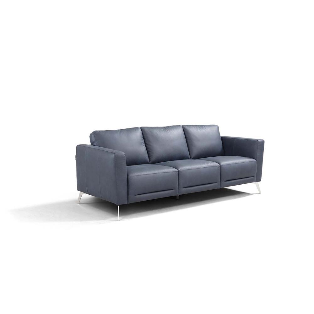 85" Blue Leather And Black Sofa. Picture 1