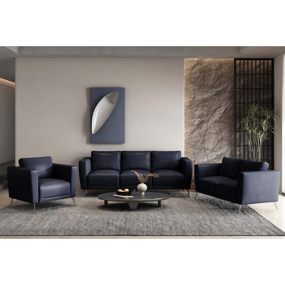 85" Blue Leather And Black Sofa. Picture 9