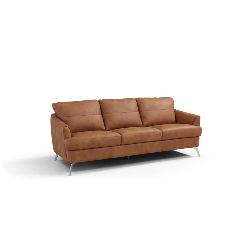 81" Camel Leather And Black Sofa. Picture 1
